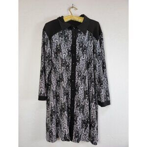 Evo Vorro Womens Size 1X Black/White Floral Button Down Shirt Dress 3/4 Sleeve